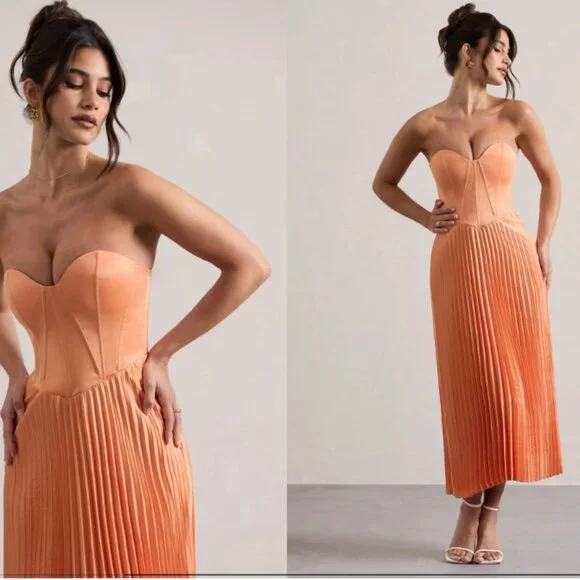 Peach Satin Corset Style Midi Dress - Picture 3 of 4